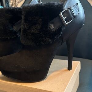 Guess Black Fur-Trimmed Heeled Boots